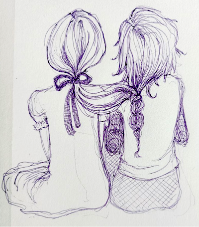 A sketch of two girls backing the viewer 
